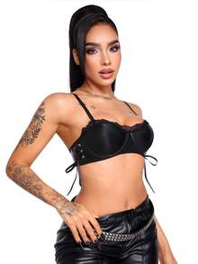 AltBold Classic Sexy Fashion Pioneer Punk Soft & Hard Balance Precision PU Contrast Lace Trim Side Tie Strappy Top Women's Lingerie Bra 1pc - Black - View 4