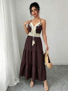 SHEIN Raffinéa 女款春季時尚休閒藍白碎花細肩帶洋裝 - 咖啡 - 查看 4