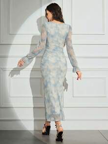 Modelyn 女款優雅純色網紗修身長洋裝，秋季長款晚禮服 - 灰藍色 - 查看 2