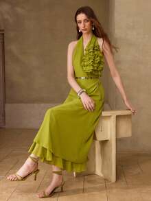 MOTF PREMIUM WOMEN'S FLORAL DECOR SEQUIN HALTER NECK CINCHED WAIST FLARED DRESS - Olive Green - View 5
