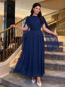 SHEIN Lady CURVE Plus Size Elegant Party Solid Color Ruched Dress Summer - Blue - View 6