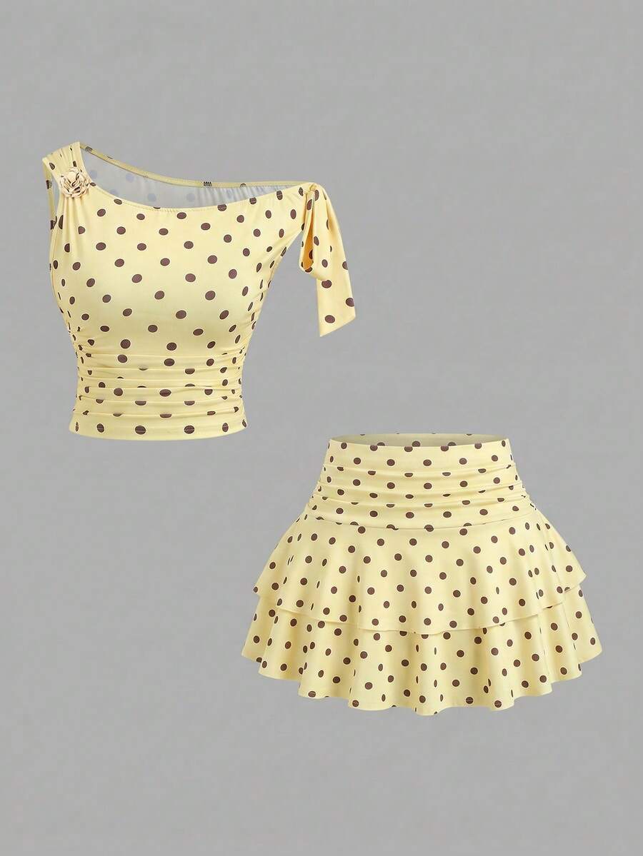 Sweetra Women's Summer Brown Metallic Floral One Shoulder Cami Top & Pleated Layered Mini Skirt - Light Yellow - View 1