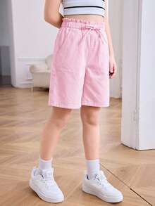 SHEIN 青少年女孩腰部綁帶口袋休閒牛仔短褲 - 粉色 - 查看 4