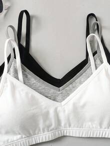 SHEIN 兒童青少年女孩極簡舒適純色V領加墊露背內衣3件組 - 灰色 - 查看 6