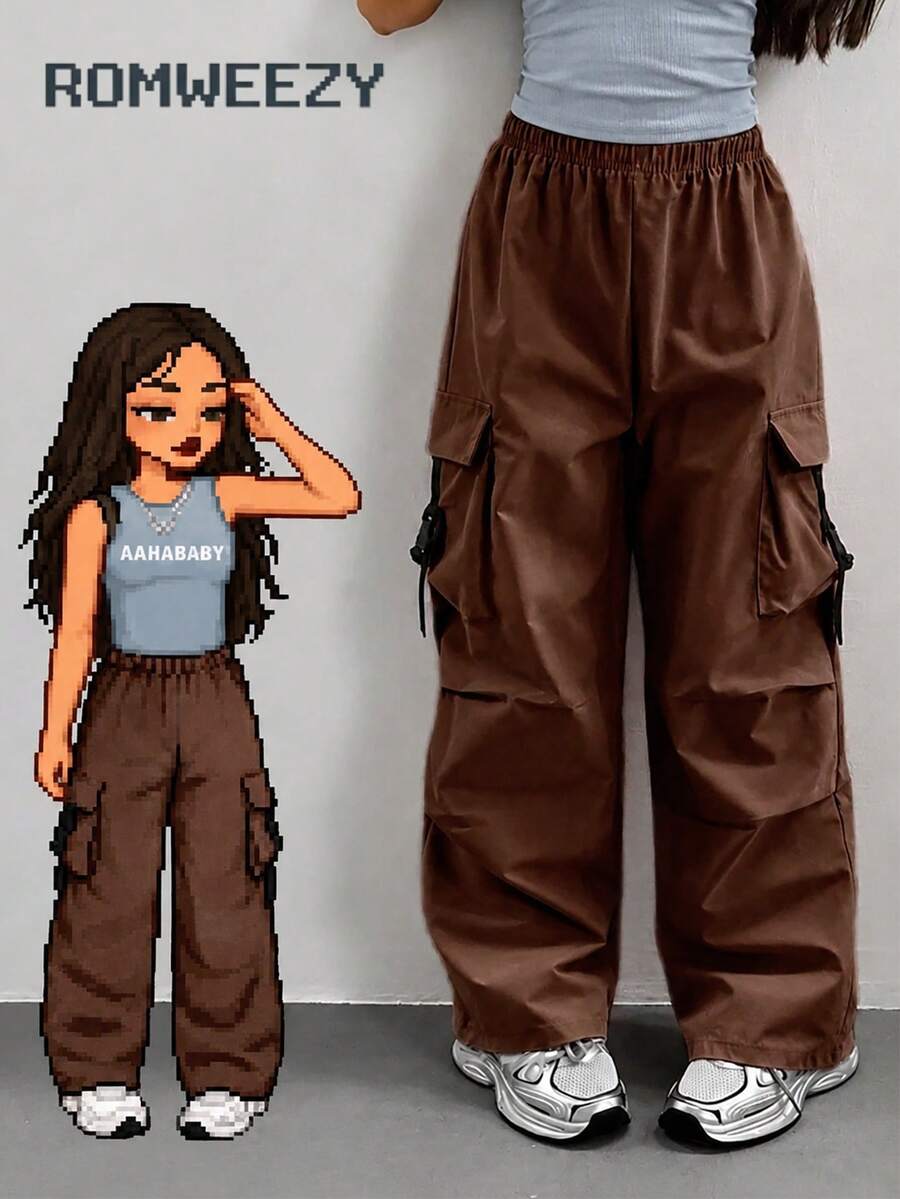 SHEIN Tween Girl Solid Color Loose Straight Leg Pants With Pockets - Brown - View 1
