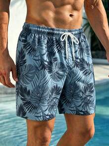 Manfinity Swimmode Shorts de playa con cordón en la cintura y estampado de plantas tropicales para hombre talla grande - Gris - Ver 6