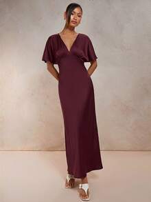 COSMINA 女款休閒性感優雅緞面酒紅色長洋裝，夏季晚宴派對雞尾酒會婚禮禮服 - 紅木色 - 查看 4