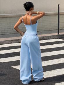 Muchica Solid Color Camisole Long Pants 2 Pieces Sports Athletic Sporty Set For Women Back-To-School Daily Day Time Everyday Office Light Blue Summer - Blue - View 2