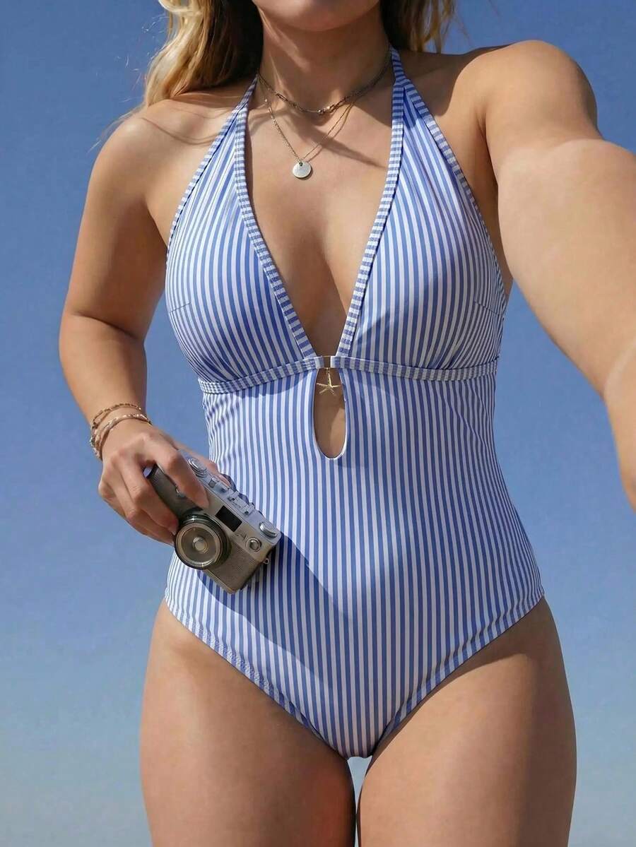 SHEIN Swim 2026新款女式夏季時尚掛脖綁帶深V領修身高衩藍白條紋印花休閒度假連身泳衣
