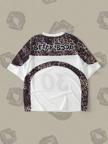 Betty Boop x SHEIN Men's Summer Casual Leopard Print Patchwork T-Shirt - White - View 2