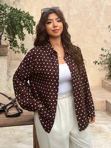 SHEIN Frenchy Plus Size Shirt, Plus Size Autumn Shirt, Plus Size Long Sleeve Polka Dot Shirt, Brown Polka Dot Shirt, Brown Top, Loose Casual Shirt, Plus Size Autumn/Winter Clothing - Brown - View 3