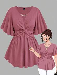 EMERY ROSE Plus Size Women's Spring/Summer Chain Splice Ruffle Twist Waist Knit Solid Color Elegant Graceful A-Line V-Neck T-Shirt Top - Pink - View 1