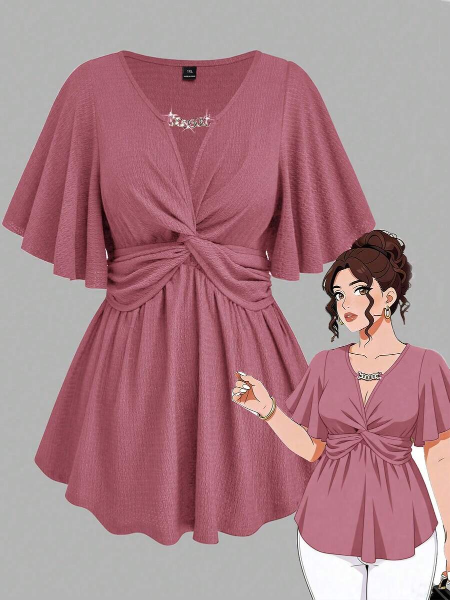 EMERY ROSE Plus Size Women's Spring/Summer Chain Splice Ruffle Twist Waist Knit Solid Color Elegant Graceful A-Line V-Neck T-Shirt Top - Pink - View 1