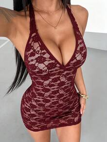 StreetHx Women's Punk Rock Lace Bodycon Halter Neck Dress - Burgundy - View 6