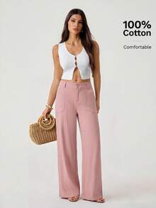 SHEIN Tall 100 Washed Cotton Low Waist Straight Pants Vacation Dusty Pink Summer Casual - Pink - View 5