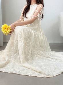 FRIFUL 女款夏季優雅花卉刺繡繫腰洋裝 - 杏色 - 查看 7