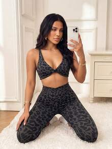 SHEIN Sports Women's Casual Sports Leopard Print Tank Top & Leggings Set - Grey - View 1