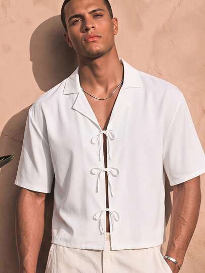 HIMLAND Men's Short Sleeve Bow Tie Thin Strap Turn-Down Collar Solid Color Shirt