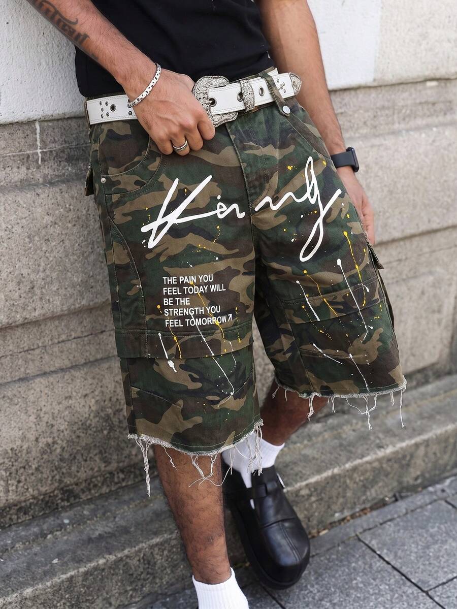 Manfinity Denimwave 男士迷彩字母印花口袋鈕扣休閒牛仔短褲，度假風 - 軍綠色 - 查看 1