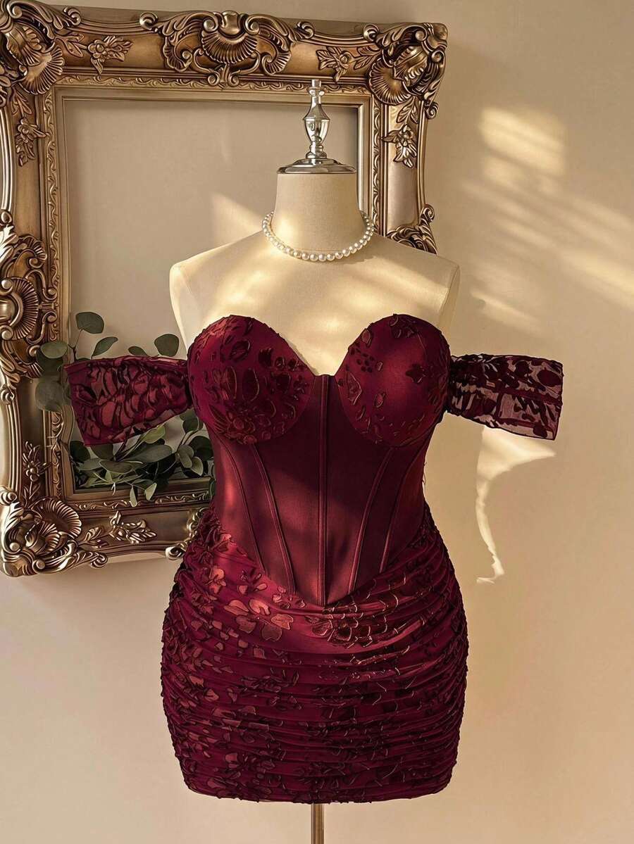 Lovelzi Elegant Sexy Romantic Burgundy Stretch Fabric Cutout Patchwork Fitted Wedding Formal Party Cocktail Party Dinner Birthday Event Plus Size Dress Winter - Burgundy - View 1
