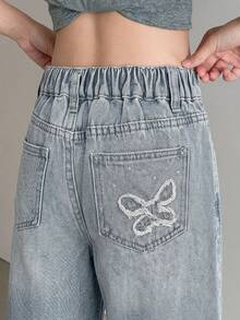 Dazy Kids Jeans de Mezclilla para Niñas Primavera/Verano Nuevo Estilo Bolsillo Trasero con Strass Acampanados (Grande) - Lavado ligero - Ver 5