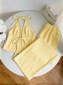 Elamini Solid Color Halter Top + Wide Leg Jeans Set Vacation Light Yellow Summer Casual Sexy Beach - Light Yellow - View 1