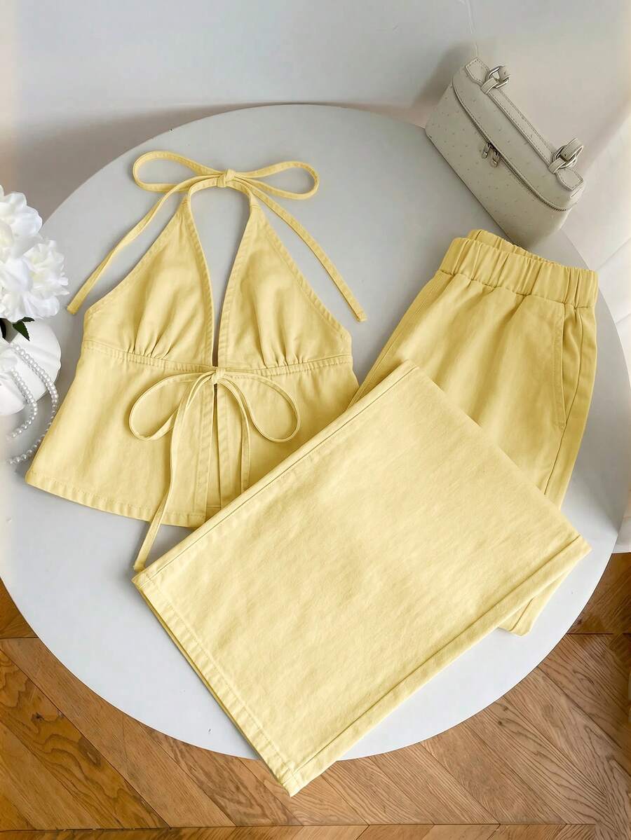 Elamini Solid Color Halter Top + Wide Leg Jeans Set Vacation Light Yellow Summer Casual Sexy Beach - Light Yellow - View 1