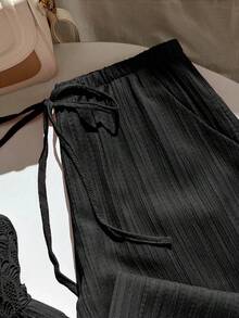 SHEIN Unity 女款套裝 紋理拼接細肩帶上衣搭配休閒抽繩口袋直筒長褲 - 黑色 - 查看 4