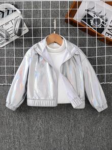 SHEIN Young Girls YoungGirl 休閒梭織純色長袖短版夾克，日常穿著 Y2K 女孩金屬感夾克，Y2K 銀色夾克返校秋季款 - 銀色 - 查看 1