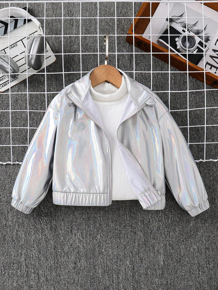 SHEIN Young Girls YoungGirl 休閒梭織純色長袖短版夾克,日常穿著 Y2K 女孩金屬感夾克,Y2K 銀色夾克返校秋季款 - 銀色 - 查看 1