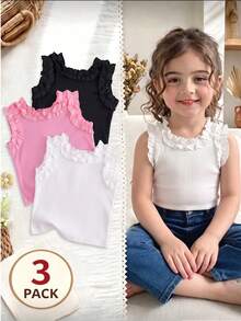 SHEIN Genkimix Kids 少女 3 件組：夏季純色荷葉邊背心上衣－粉色、白色與黑色 - 彩色 - 查看 4