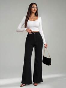 SHEIN Tall Celana Panjang Wanita Warna Polos Kancing Depan Kasual Model Pas Badan Model Flare - Hitam - View 3
