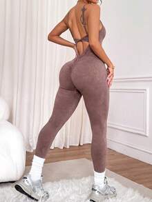 SHEIN Sports 1件装 女士哑光水洗圆领扭带连体裤 - 咖啡棕 - 查看 4