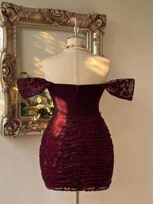 Lovelzi Elegant Sexy Romantic Burgundy Stretch Fabric Cutout Patchwork Fitted Wedding Formal Party Cocktail Party Dinner Birthday Event Plus Size Dress Winter - Burgundy - View 3