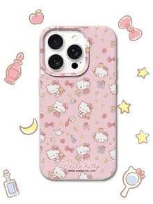 HELLO KITTY AND FRIENDS | SHEIN HelloKitty 全角色與反派彩色貼紙拼貼印花 粉色邊框皮革紋理手機殼 防震防摔 全包覆保護殼 適用 iPhone 17 Pro Max 16 15 14 13 12 Pro Max Plus Y2K 復古美學 可愛少女風 Ins 高顏值手機殼 - 彩色 - 查看 2