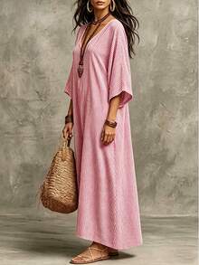 SHEIN Holidaya 女款休閒優雅度假條紋亞麻棉混紡洋裝 - 紅色 - 查看 6