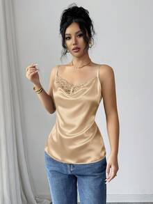 Rafferiza 女款優雅蕾絲緞面吊帶上衣 黑金色 女款優雅緞面蕾絲上衣 - 香檳色 - 查看 3