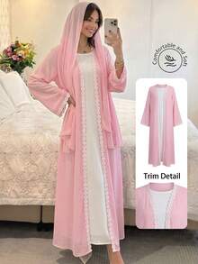 Yasmyna Elegant Pink And White Lace Trim Patchwork Long Sleeve Flared Chiffon Headscarf Abaya For Women - Pink - View 2
