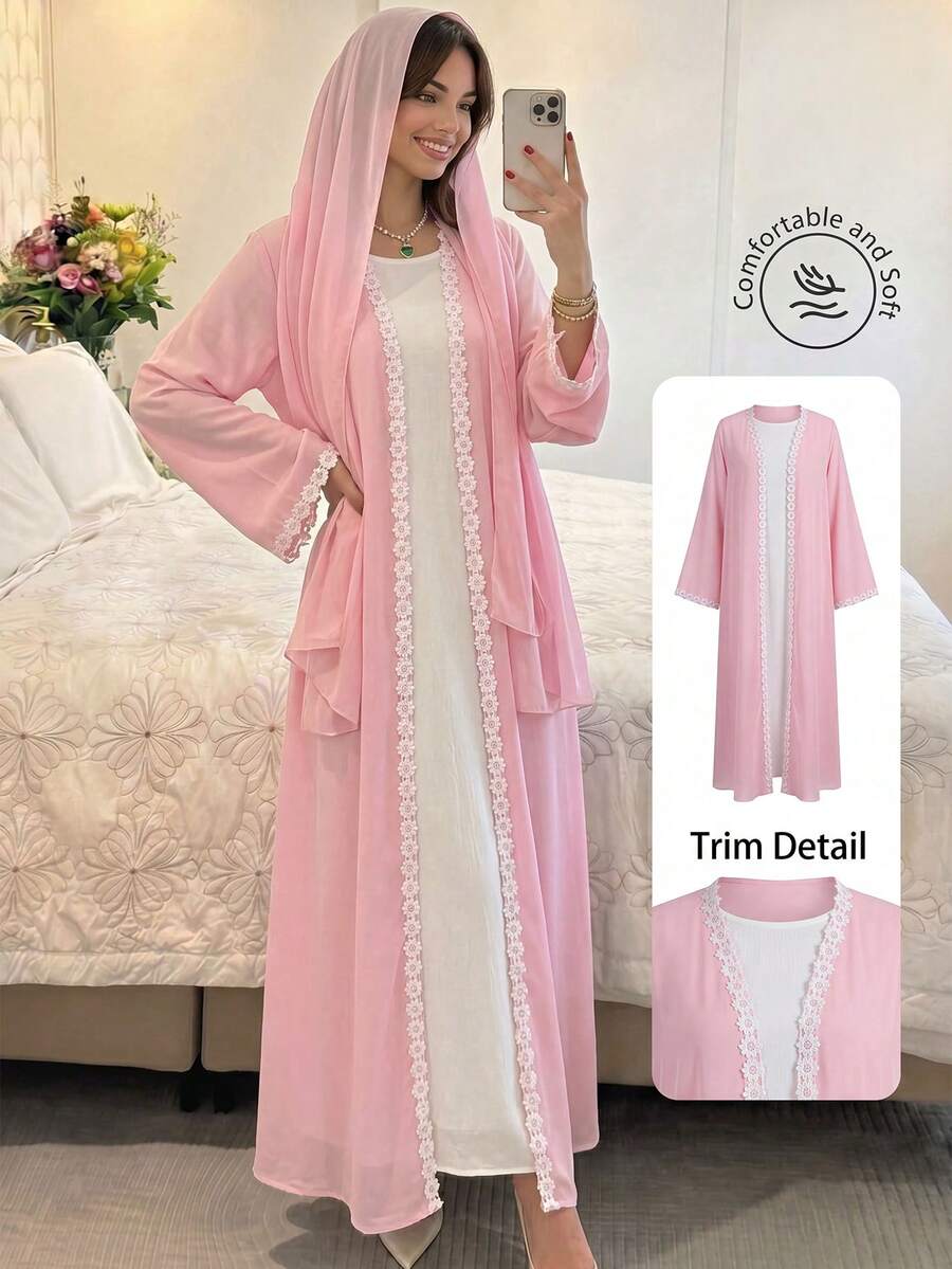 Yasmyna Elegant Pink And White Lace Trim Patchwork Long Sleeve Flared Chiffon Headscarf Abaya For Women