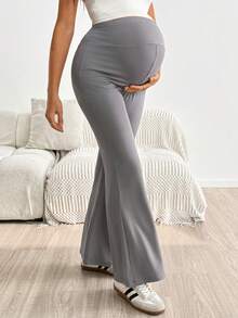 SHEIN Maternity Solid Color Adjustable Waist Casual Flare Leggings - Brown - View 5