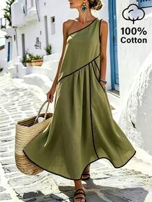 SHEIN Holidaya Women's Summer Pure Cotton Slouchy Linen-Like Asymmetric Shoulder Elegant Loose Contrast Trim Long Dress, Gentle Style, Vacation Style, Fresh Versatile, Youthful, Pastoral Style, Home Wear - Green - View 8