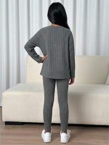 SHEIN 兒童青少年女孩新款法式風落肩羅紋針織T恤與內搭褲兩件套，返校季節慶穿搭，萬聖節秋冬裝 - 深灰色 - 查看 2