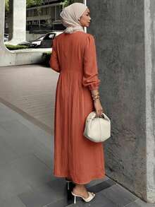 DAZY Spring Summer Loose Casual Elegant Round Neck Blue Women's Long Dress - Rust Brown - View 2