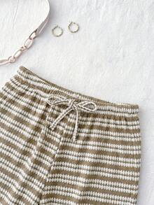 Teen Girl Knit Striped Drawstring Fitted Casual Long Pants - Khaki - View 7