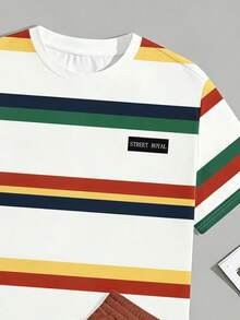 Sorvial Men's Fashion Colorful Striped Print T-Shirt And Drawstring Waist Shorts Set - Multicolor - View 6