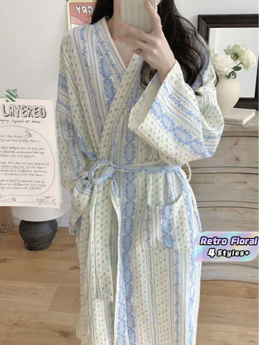1件甜美復古花卉條紋女款輕量長袖浴袍，清新鄉村風居家服，四季適用 - 藍花 - 查看 1