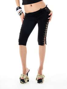 SUMWON WOMEN Lace-Up Capri Leggings With Side Eyelet Detail And Corset-Style Tie Closure Cropped Length - Black - View 1
