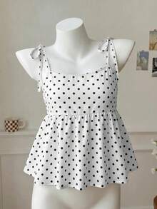 SHEIN Tween女孩休閒日常百搭舒適寬鬆波點襯衫 - 白色 - 查看 3