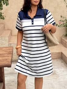 SHEIN Frenchy 大尺碼夏季休閒拼色條紋 Polo 領短袖洋裝 - 彩色 - 查看 5
