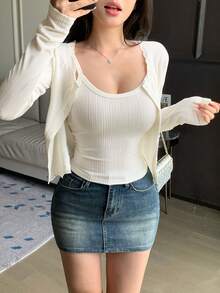 DAZY 春秋女款鏤空蕾絲飾邊拼接細肩帶背心與長袖開襟外套短版上衣套裝 - 白色 - 查看 8